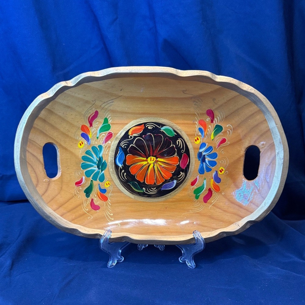 Mexican Folk Art Batea Handled Floral Wooden Tray Hand Painted Scalloped Oval